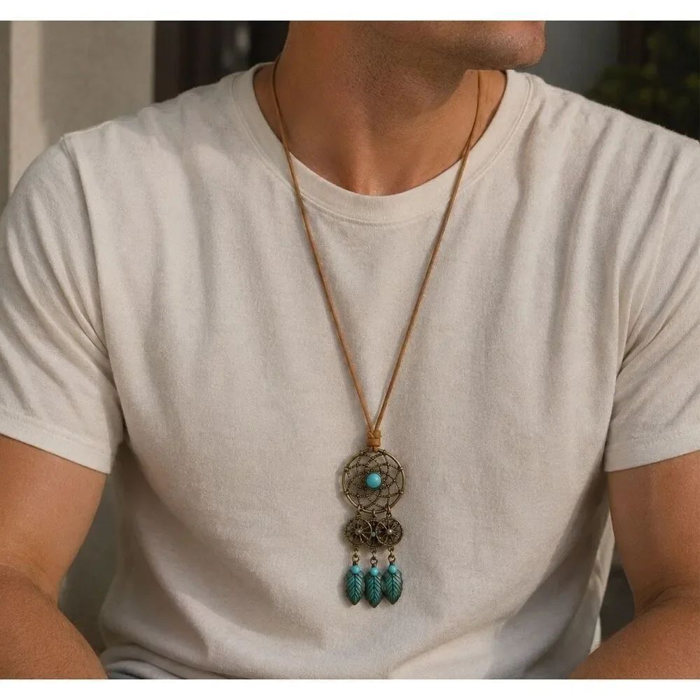 Dreamcatcher Style Pendant Necklace, Bronze Tone Turquoise Accent
